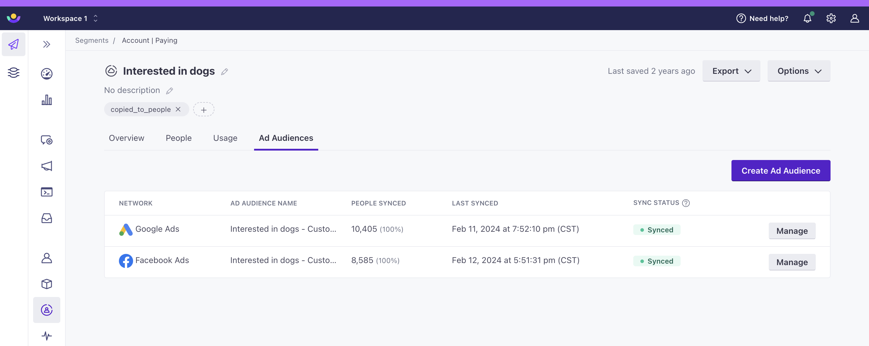 On an individual segment page, the tab Ad Audience is selected. We see two synced ad networks - Google ads and Facebook ads.