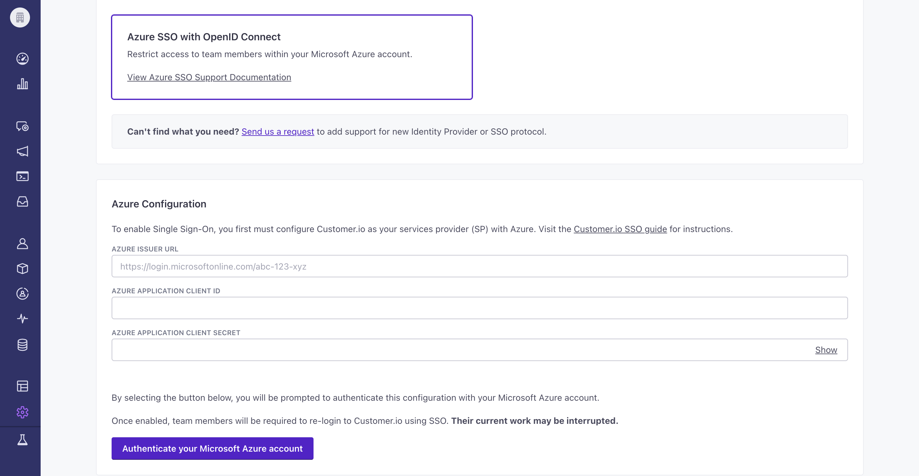 Below the selection of Azure SSO are three fields to fill in before you can authenticate your configuration.