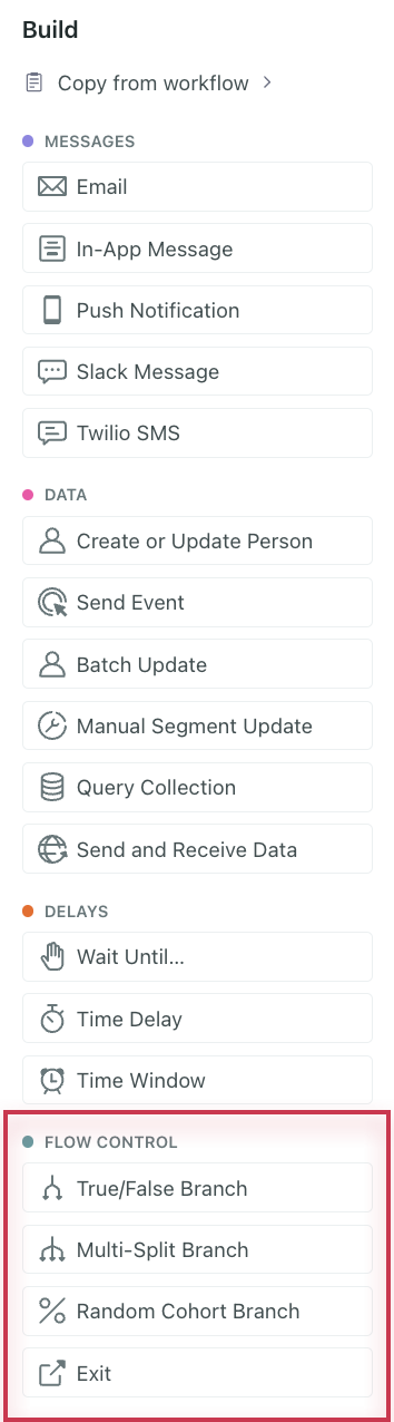 The left hand menu of the workflows step of a campaign. Towards the bottom is a list of branches under the section title Flow Control.