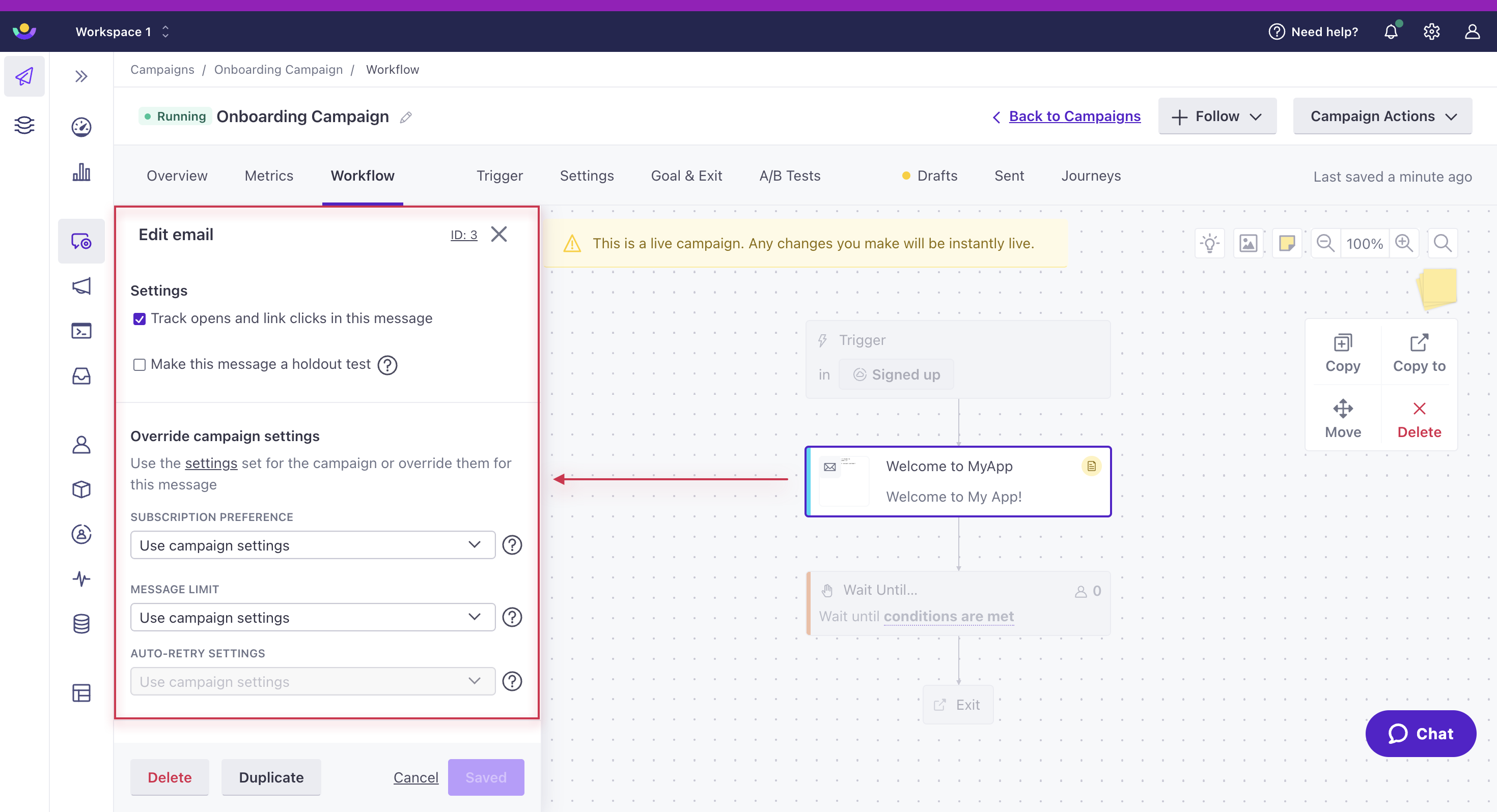 Select a message from the workflow canvas. A panel on the left contains a dropdown field for Sending to Unsubscribed.