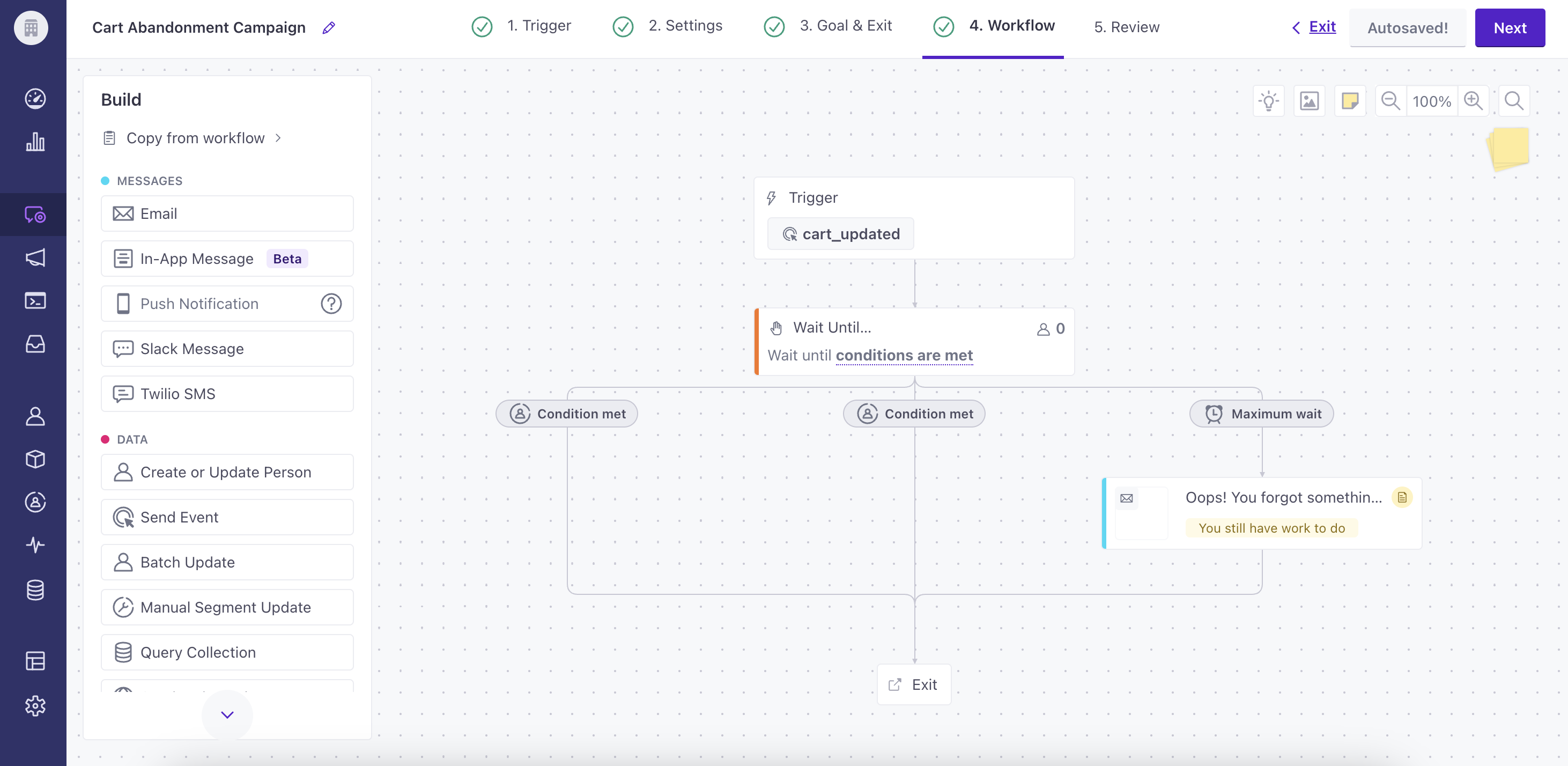 An example workflow for cart abandonment