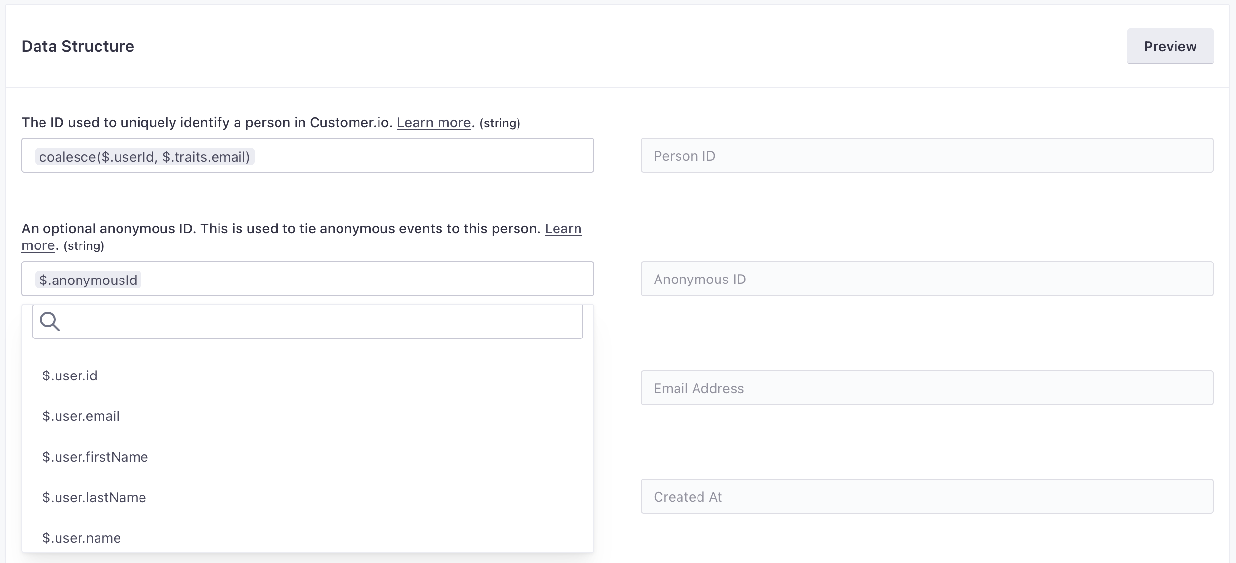 map properties in the source event to your destination