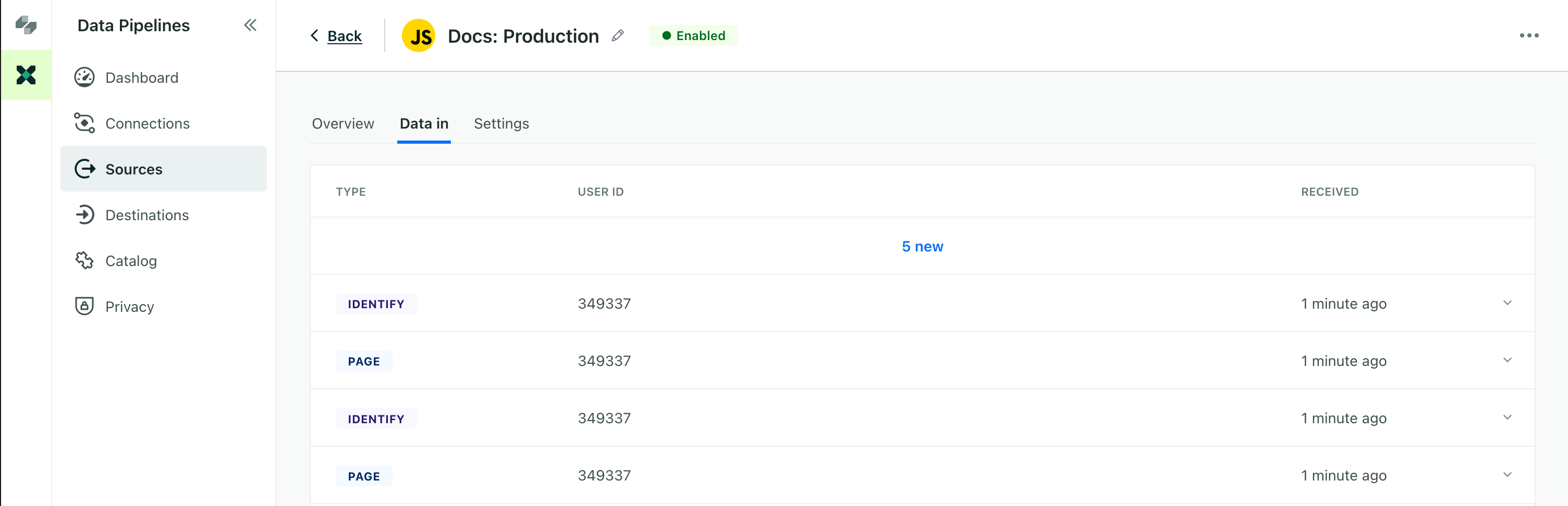 The data in tab showing identify, page, and track calls