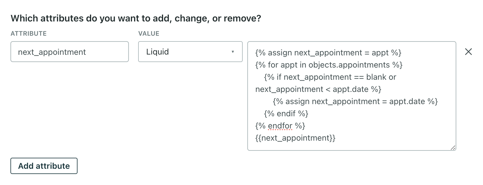 Under the section titled 'Which attributes do you want to add, change, or remove?' is the profile attribute 'next_appointment'. To the right, 'liquid' is selected from the dropdown. To the right of that is the liquid example from above.