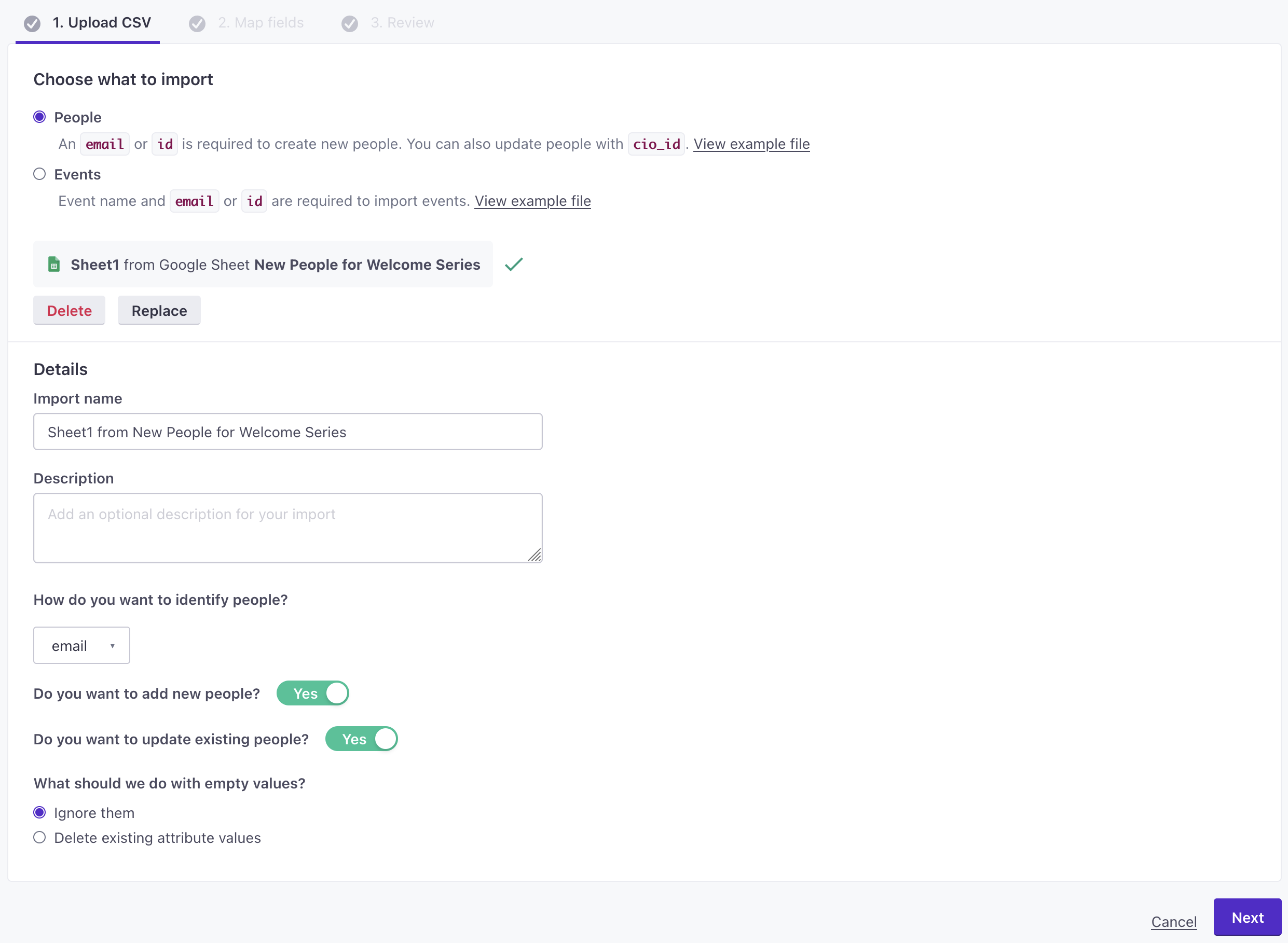 CSV import settings