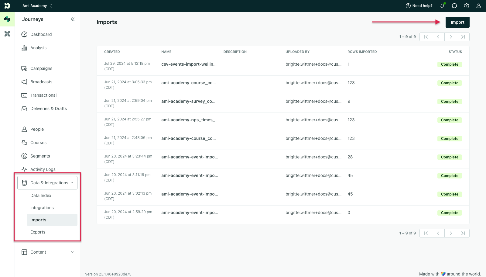 A screenshot of the landing page for Imports. The left-hand nav is expanded. Data & Integrations is selected and has a dropdown list of options; Imports is highlighted red. On the Imports page, an arrow points to the Import button in the top right.