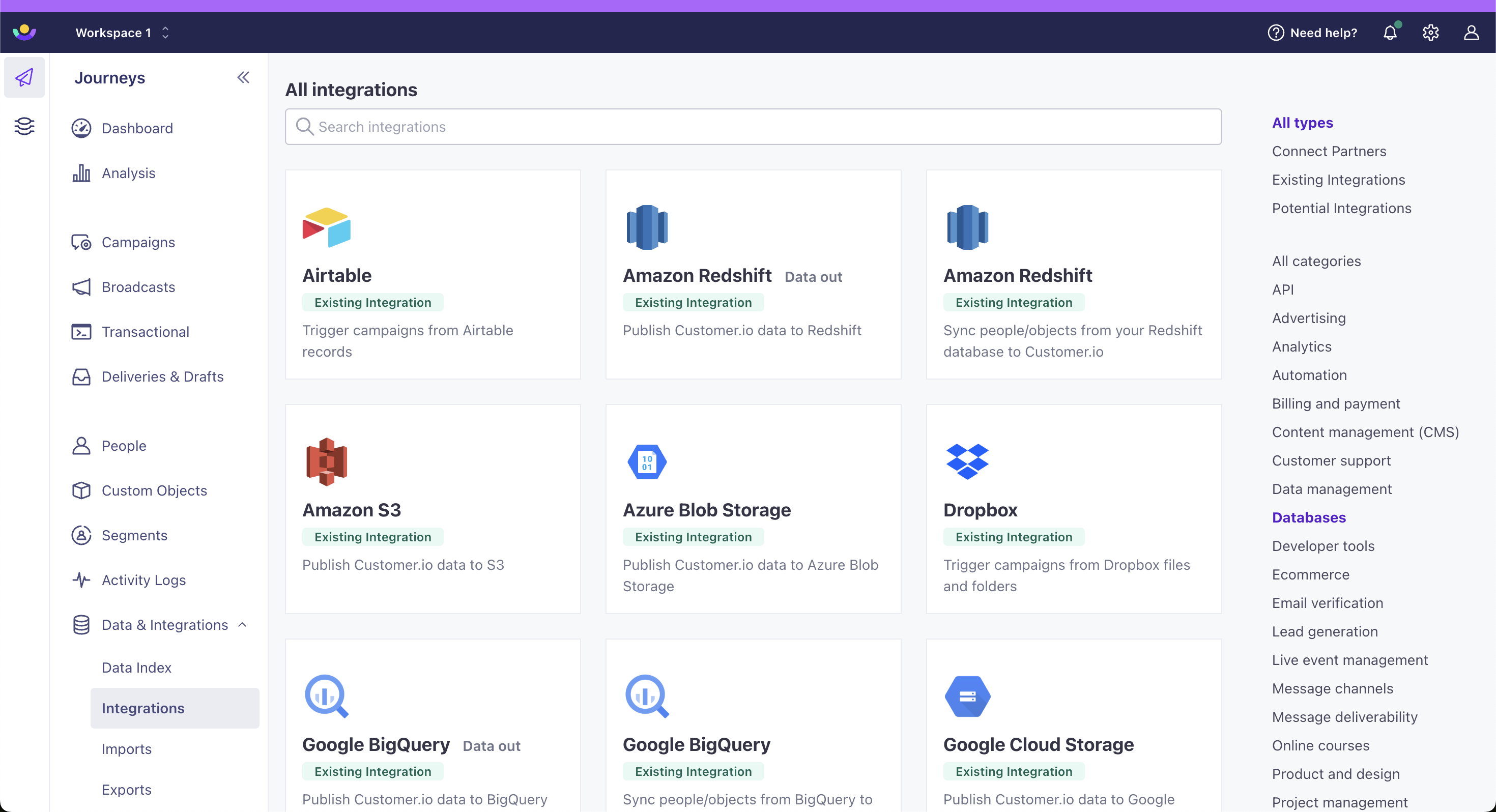 Click Integrations on the left hand panel then Data & Integrations. Scroll down to All Integrations. Click Databases from the categories on the right.