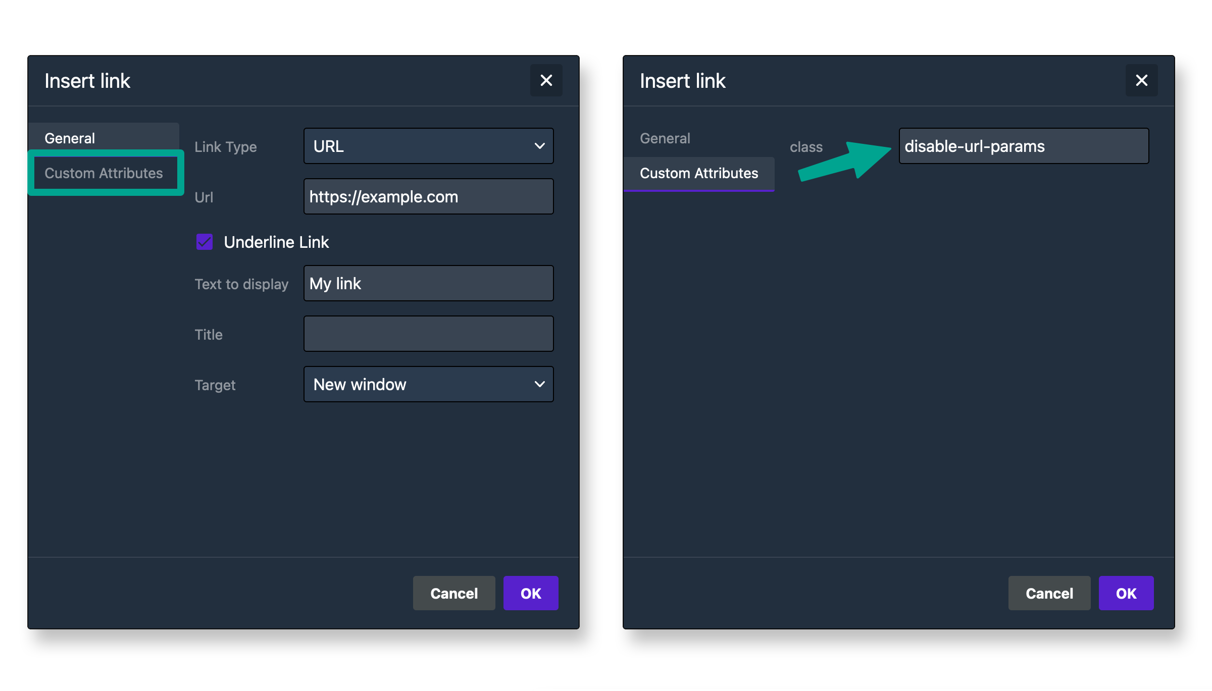 Disable URL parameters in drag-and-drop text link