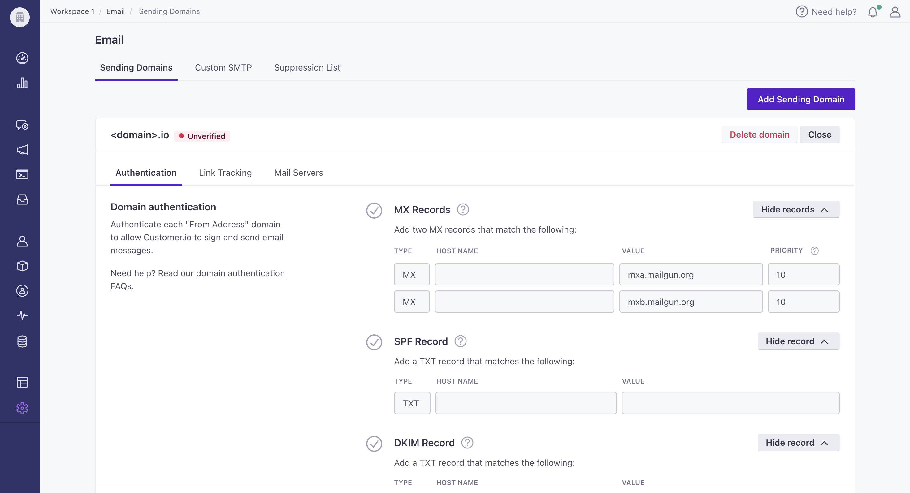 In Workspace Settings, the user selected Emails then Sending domains then Add, Manage or Verify domain to get to this screen. You can see the MX, SPF, and DKIM records within the default tab: Authentication.