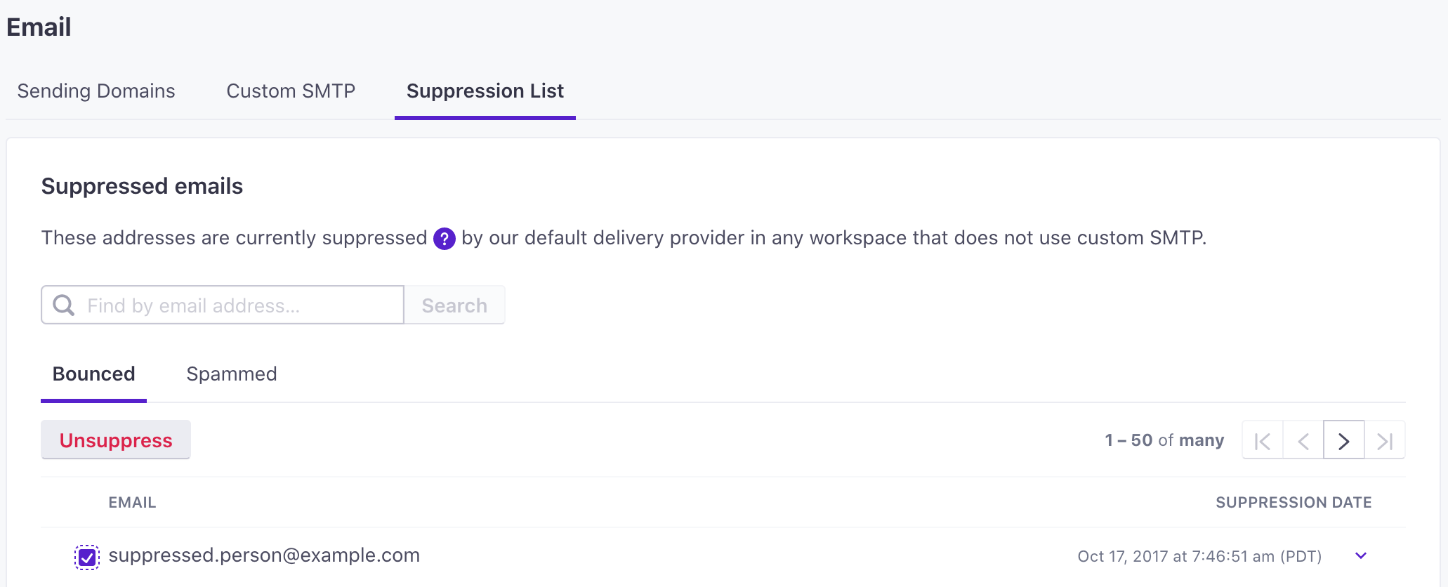 The email suppression list page