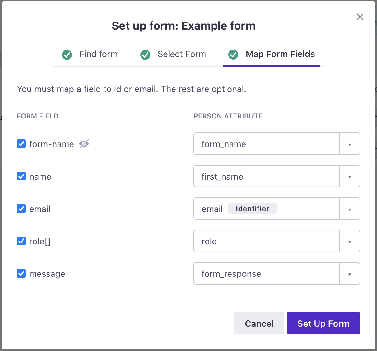 map form fields in your integration