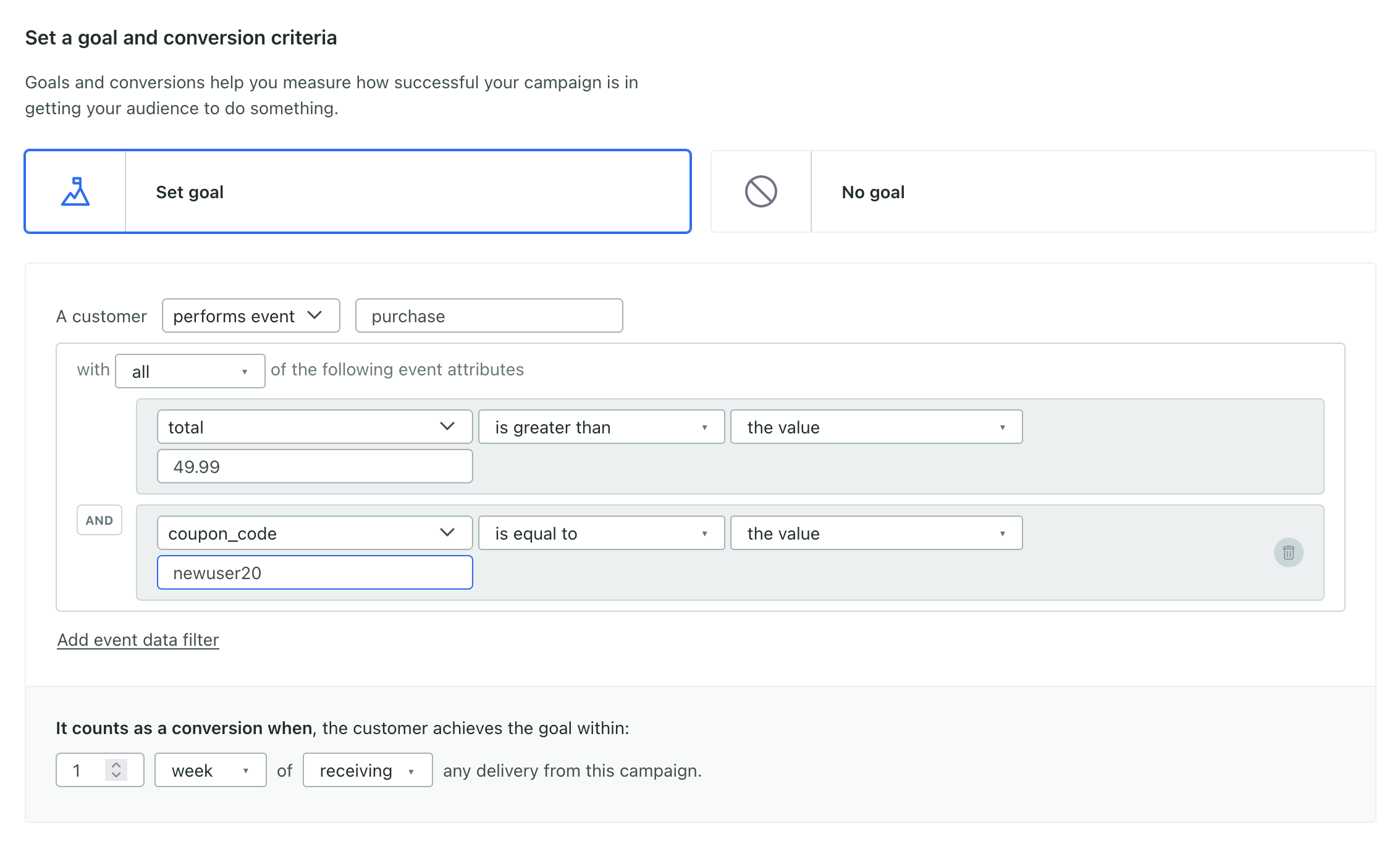 a goal event set to purchase and filters looking for purchases over 49.99 with the coupon code newuser20