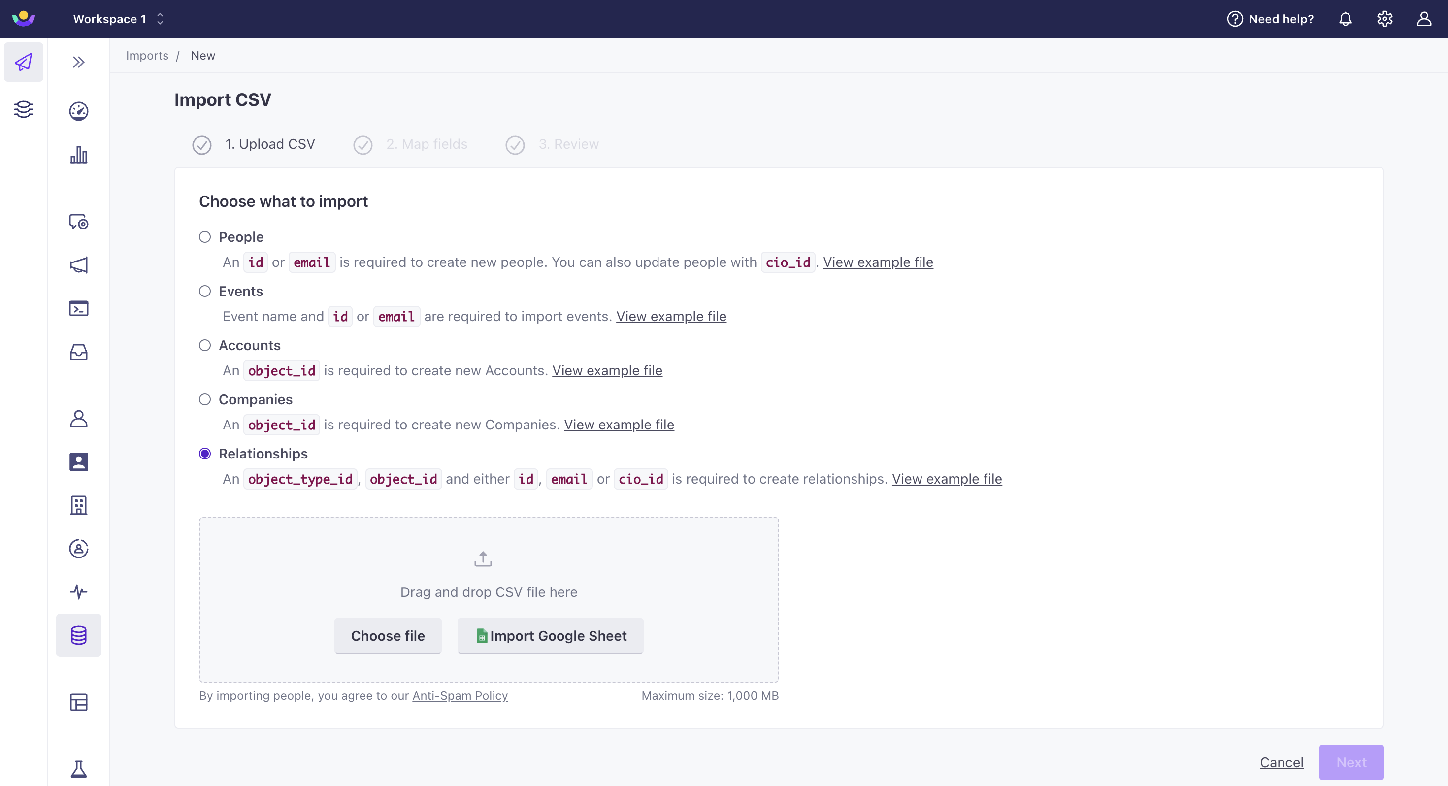 On the import page, the radial next to Relationships is selected. The description reads: an object_type_id, object_id and either id, email or cio_id is required to create relationships.