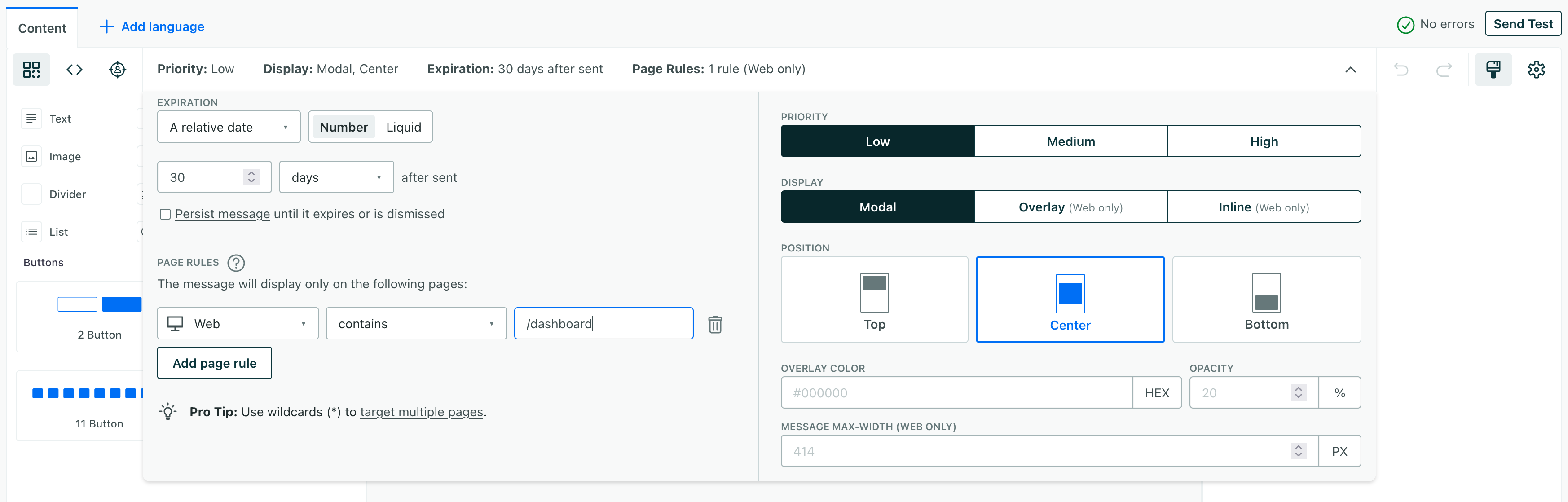 the in-app drop-down where you'll set your message's page rules, display rules, and expiration