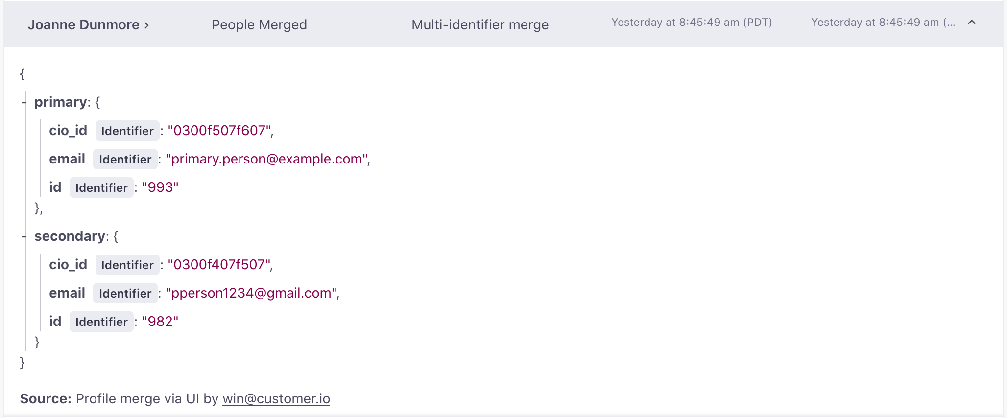 a merge results in an attribute change in the activity log.