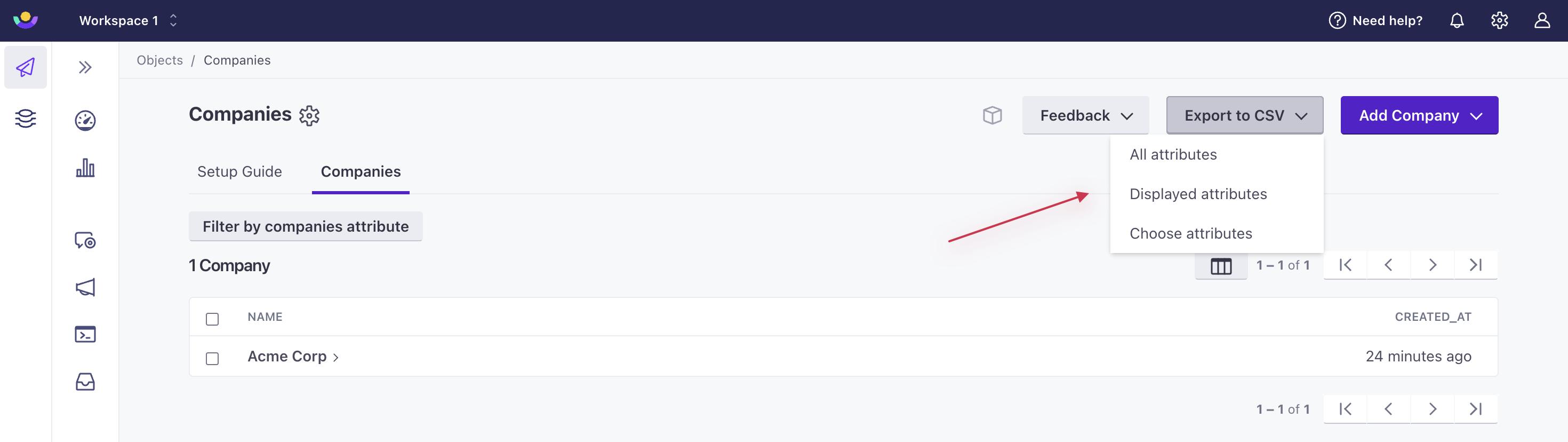 On the left hand navigation, the object type Companies is selected. You see the object list view for Companies with a single object named Acme Corp. In the top right, the Export to CSV dropdown shows options for exporting attributes.