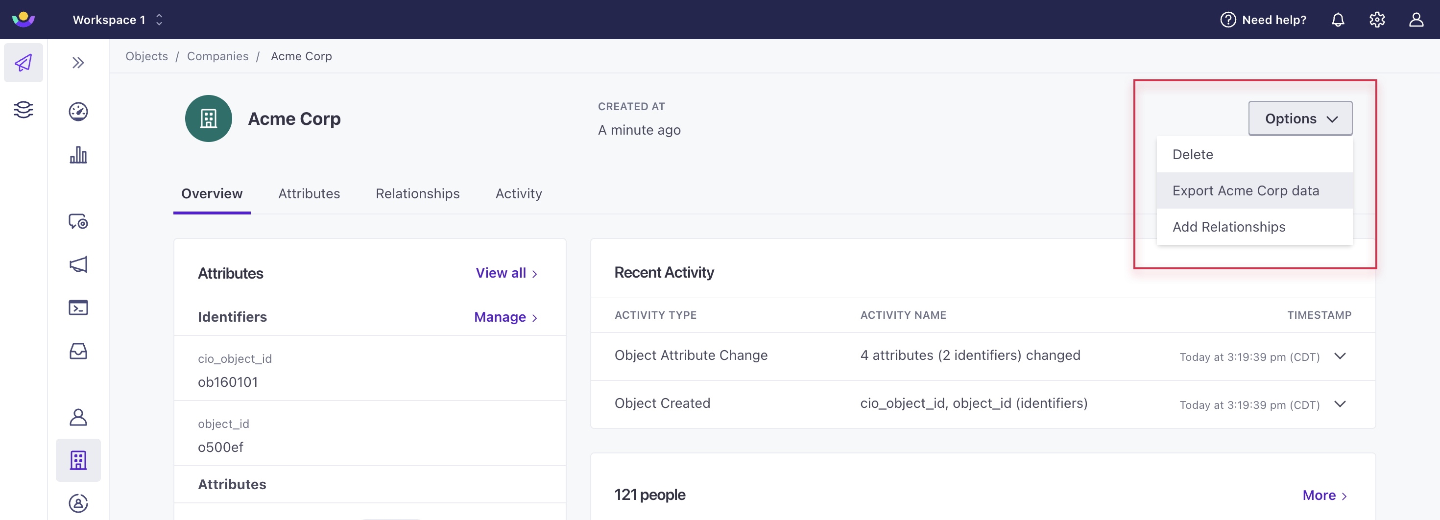 On the left hand navigation, the object type Companies is selected. You see a detail page for an object called Acme Corp. In the top right, the Options dropdown shows Export Acme Corp data.