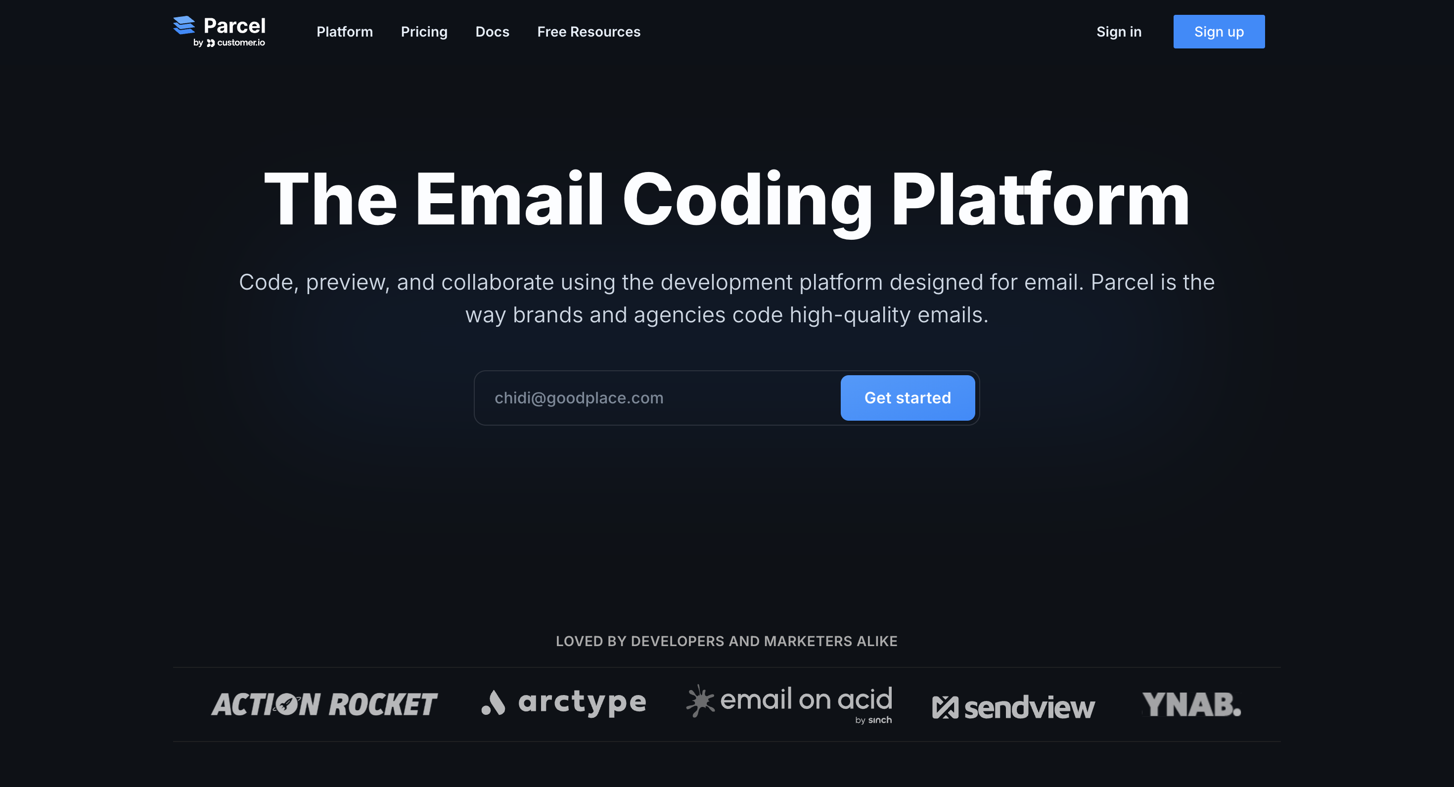 The landing page of parcel.io. In the center of the page is the text, The Email Coding Platform. Code, preview, and collaborate using the development platform designed for email. Parcel is the way brands and agencies code high-quality emails.