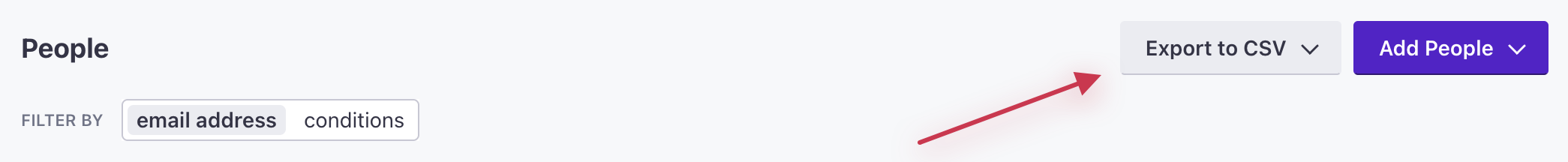 An arrow points to the dropdown titled Export to CSV in the top right of the People summary page.