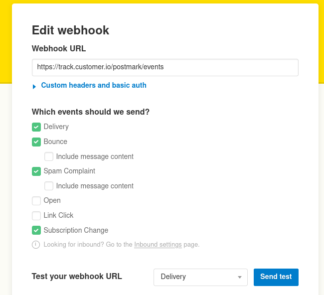 Postmark's webhook settings