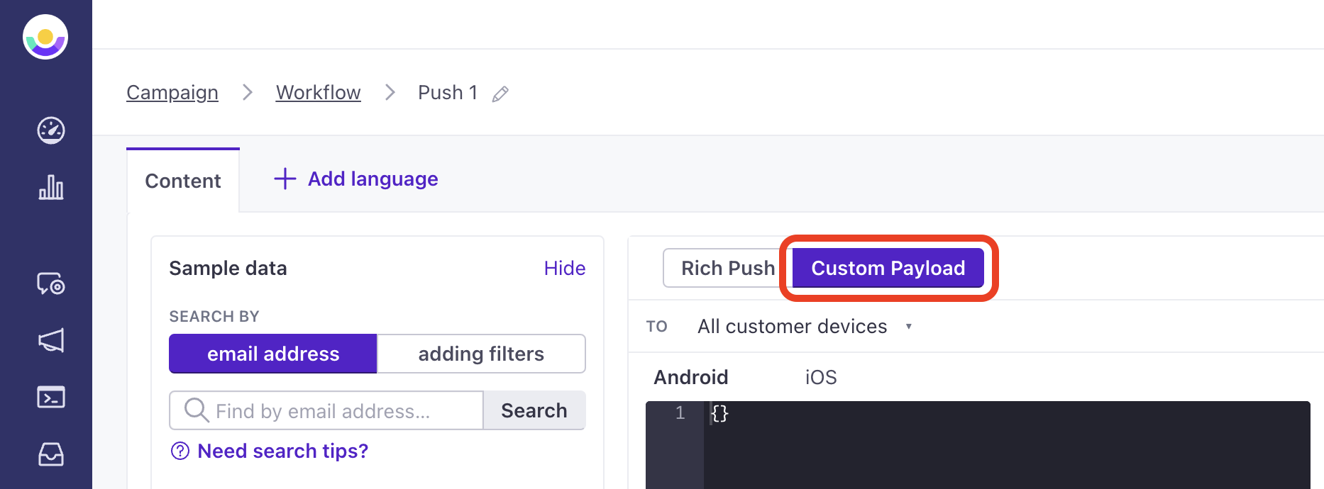 Within a push message, Custom Payload is selected above the editor.