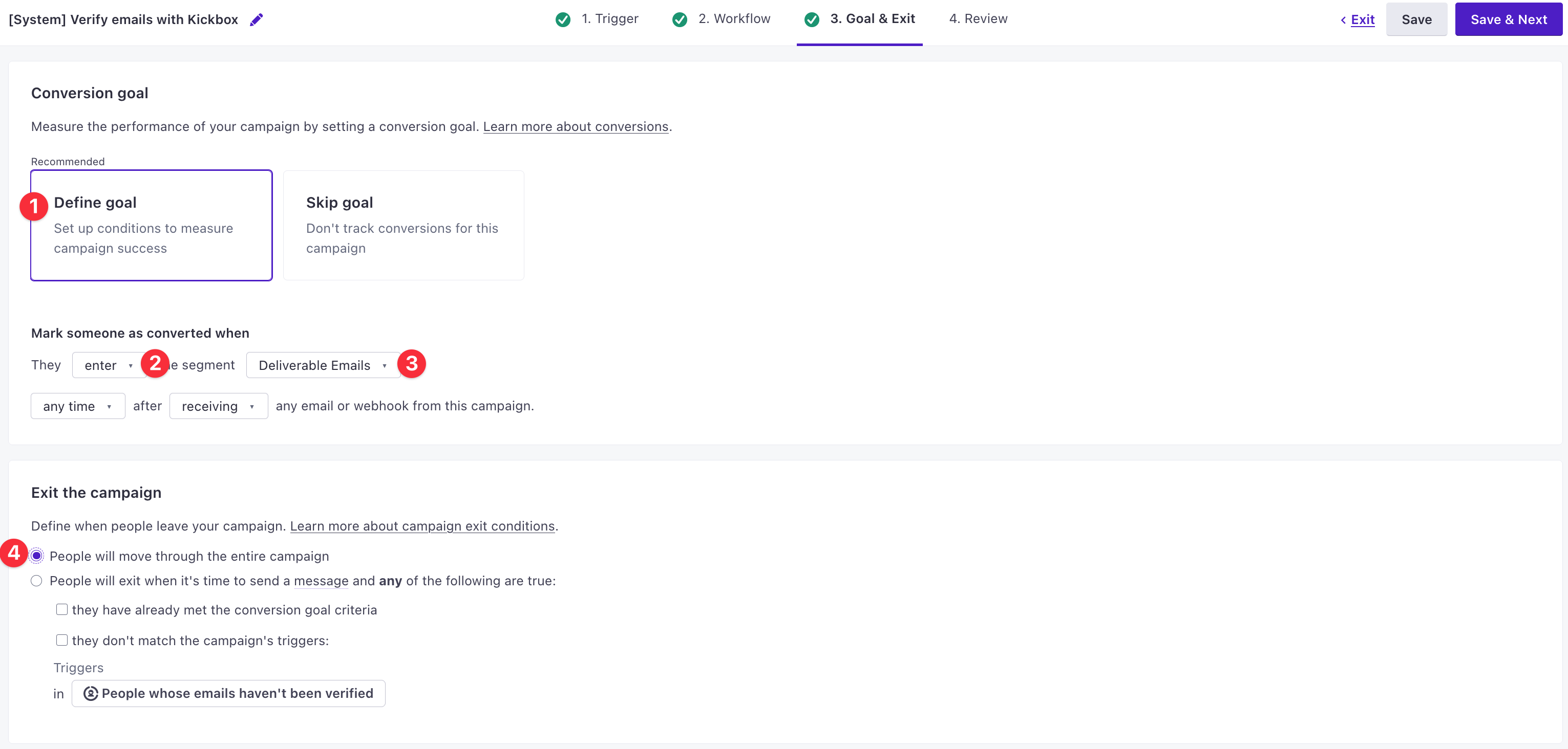 The campaign Goal & Exit tab with numbered hints for Define Goal, Enter condition, Segment, and Exit conditions