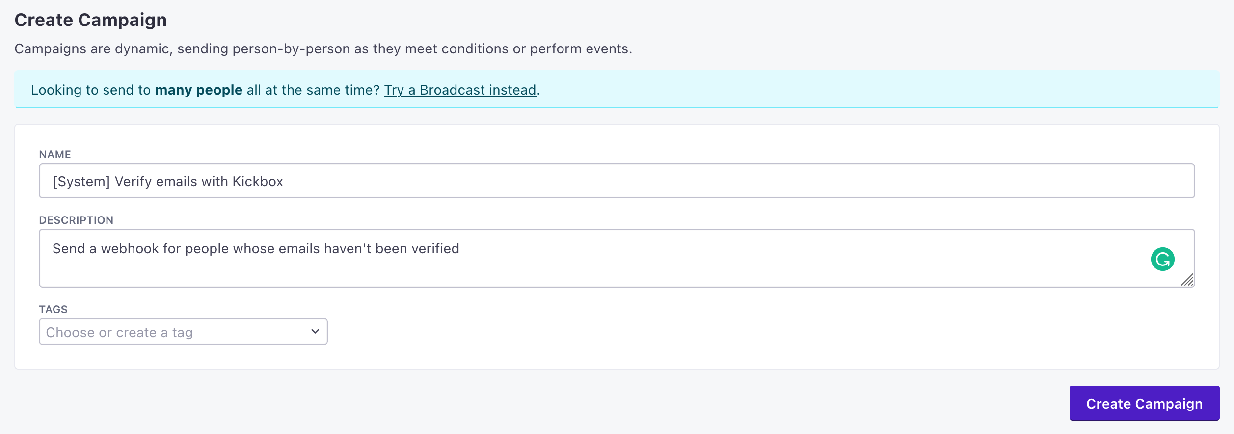 The create campaign form with name and description filled with an example