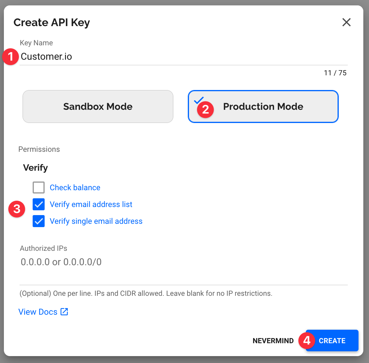 The create API key wizard with numbered hints for the fields to form/check