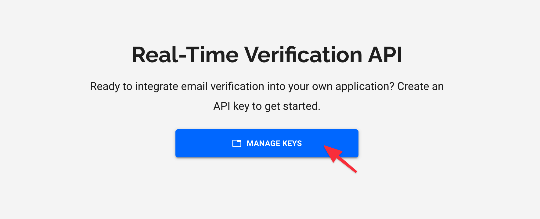 The Manage Keys CTA with an arrow pointing to it