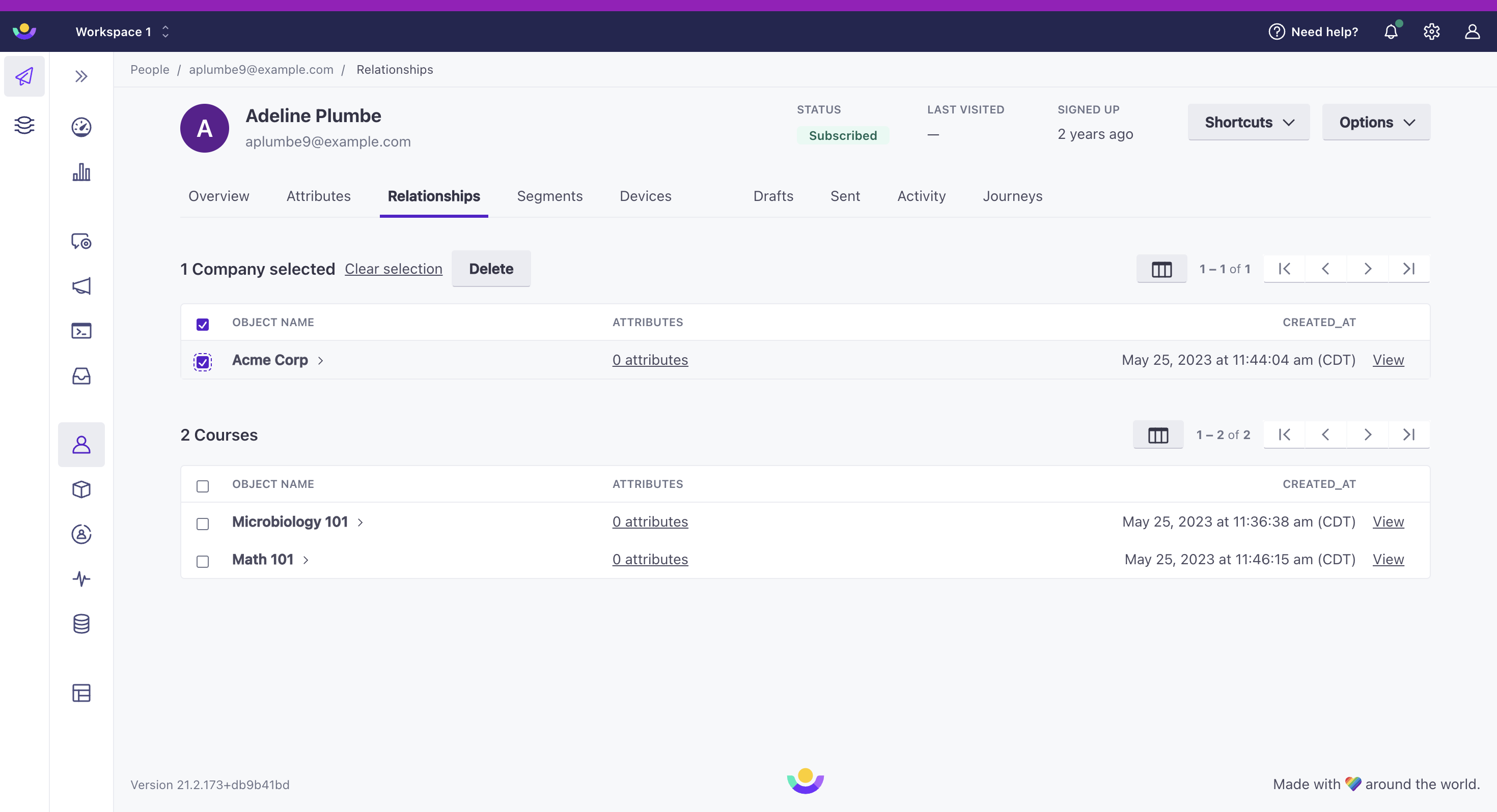 A view of the relationships tab with multiple objects selected and the delete button visible above the table.