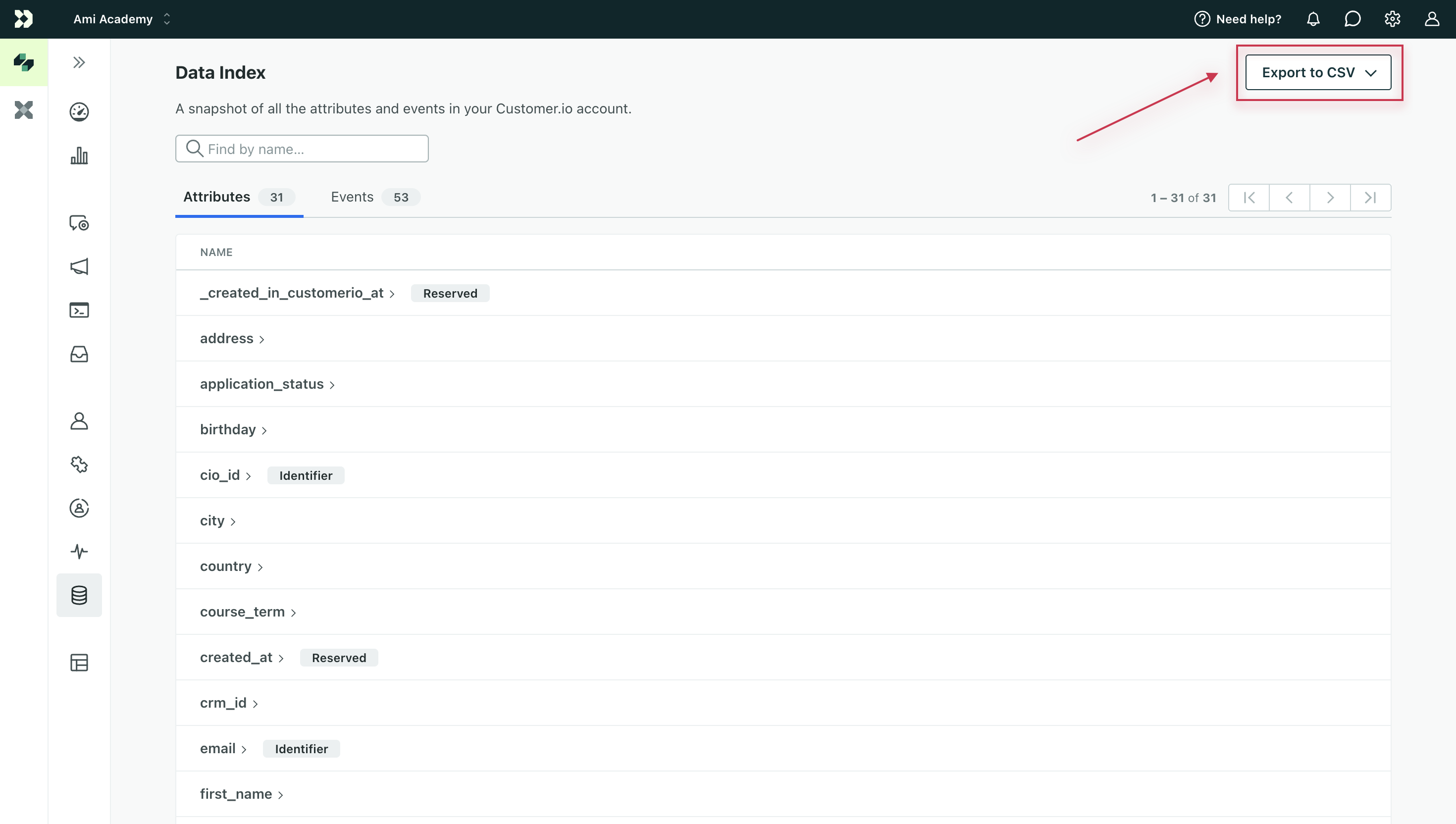 Export attributes and events from your Data Index