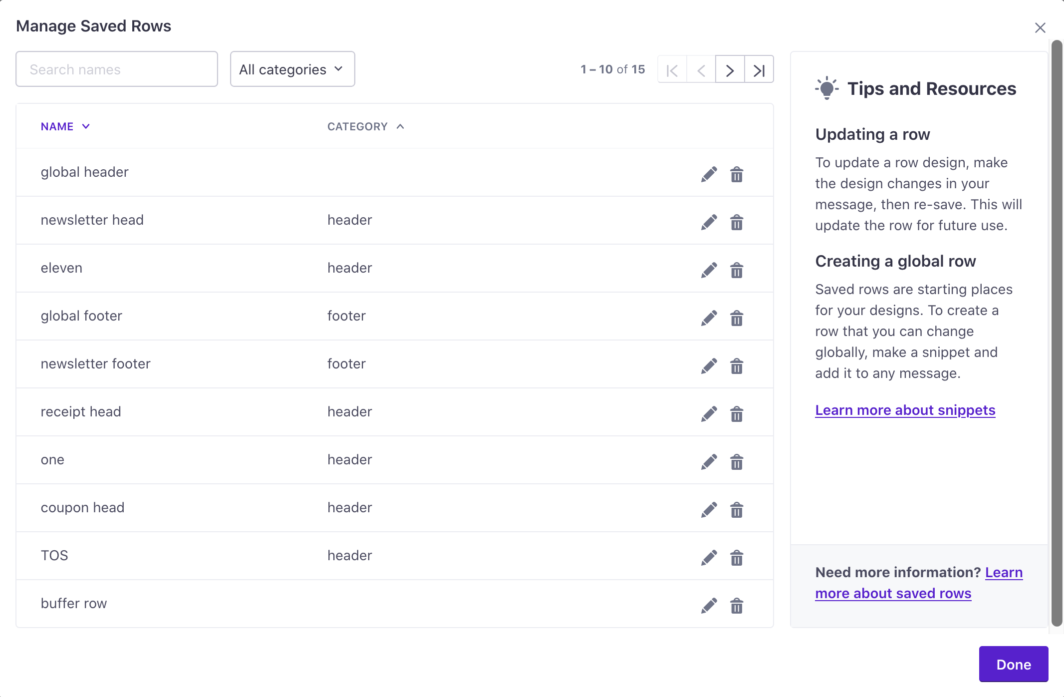 Edit and delete saved rows in the drag-and-drop editor