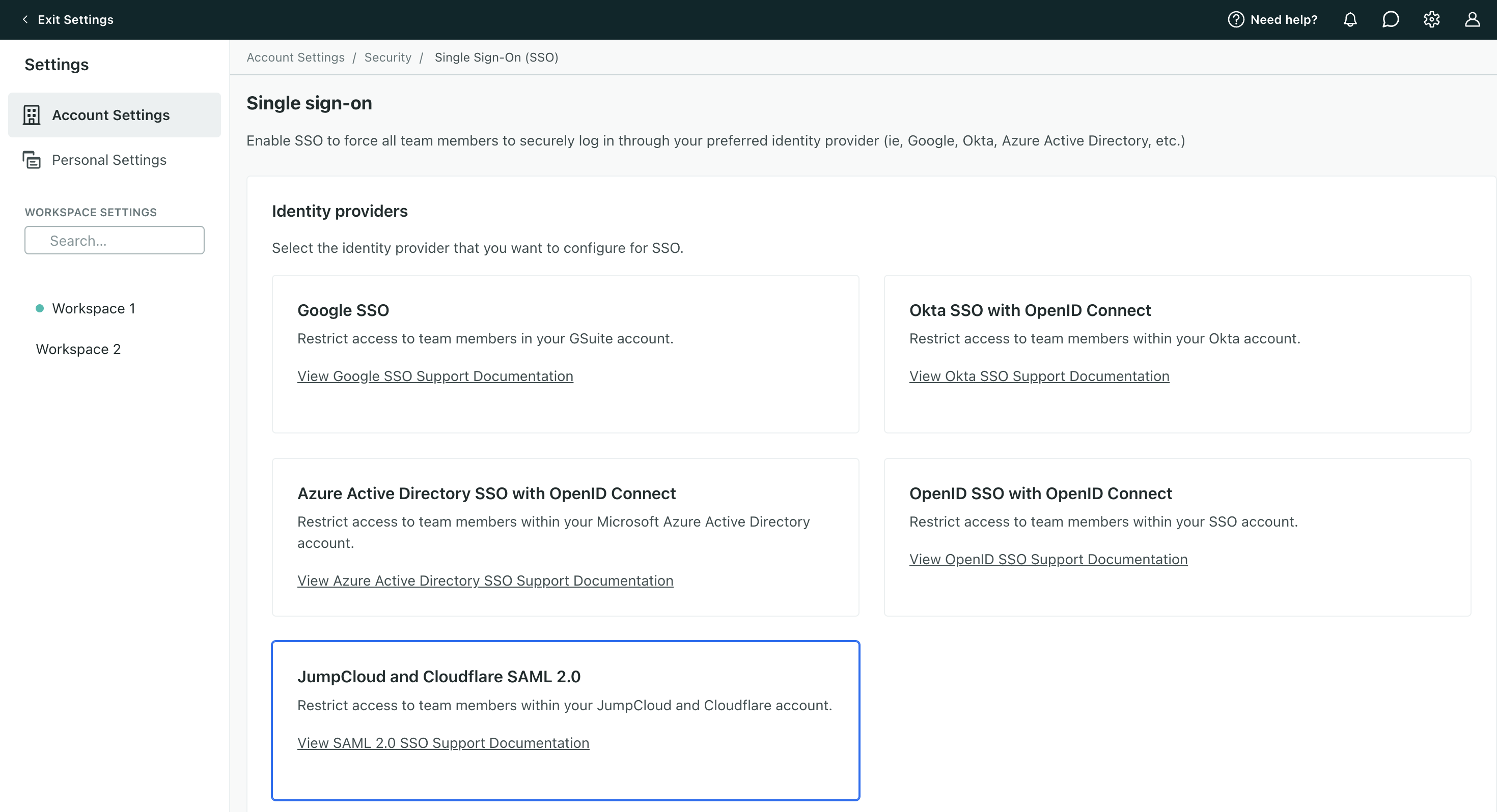 On the Single Sign-on integration page, there are 5 options. The option for SAML is selected.