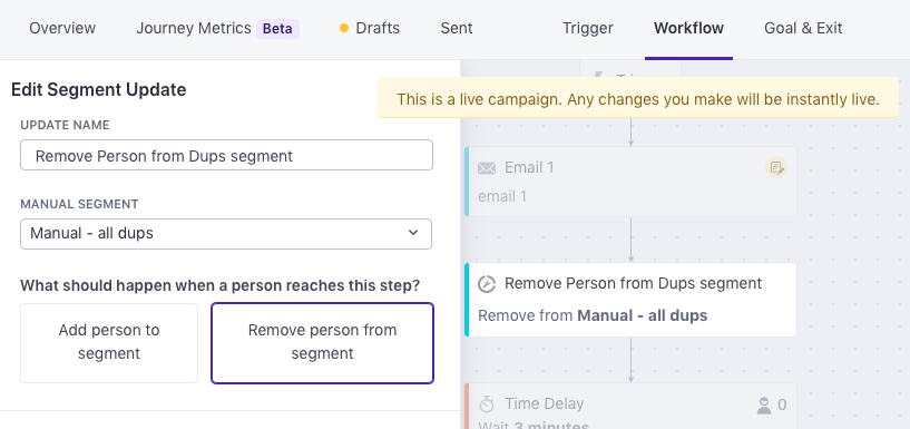 Remove from a Manual Segment via a Workflow Action