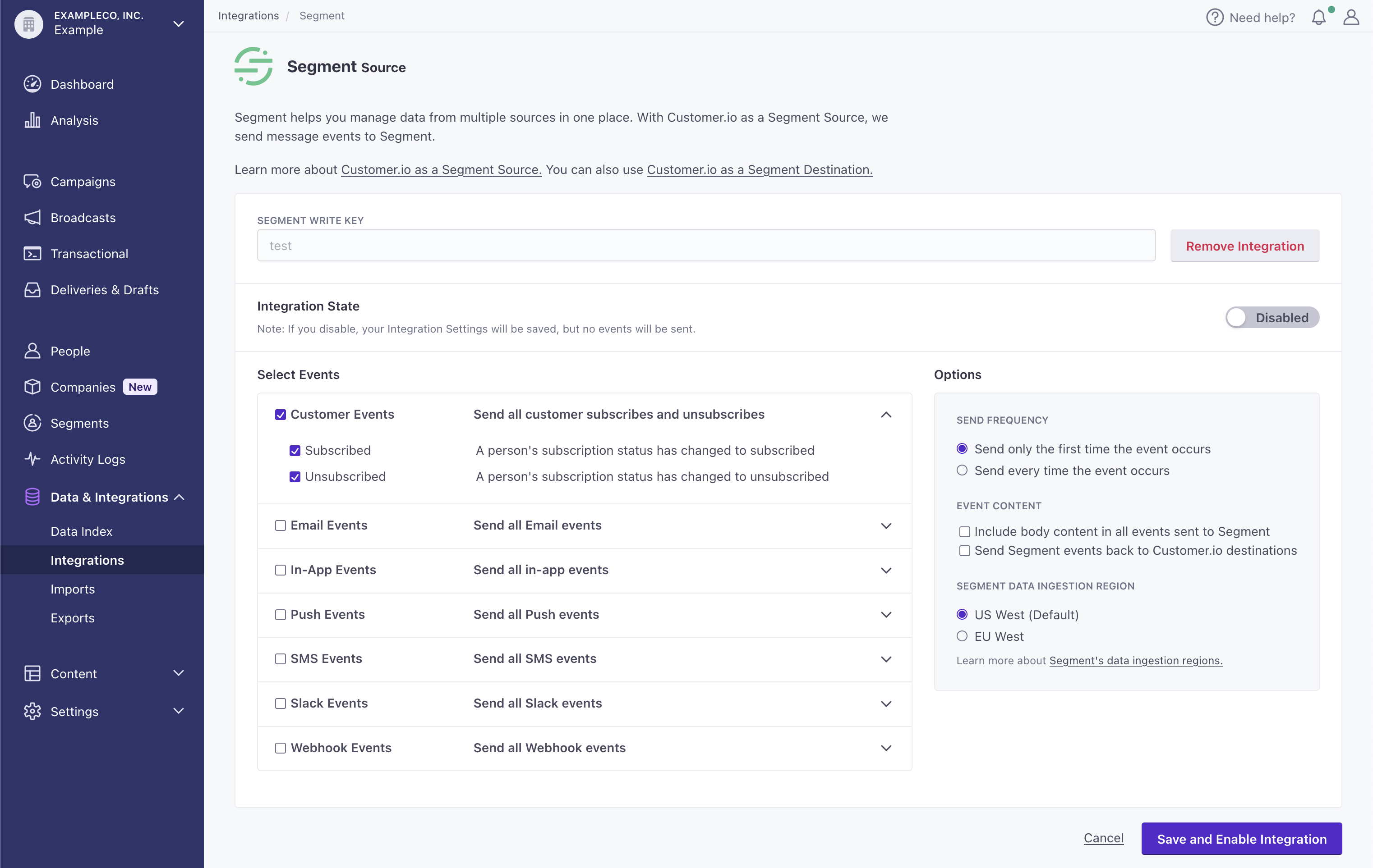 Select events to send to segment