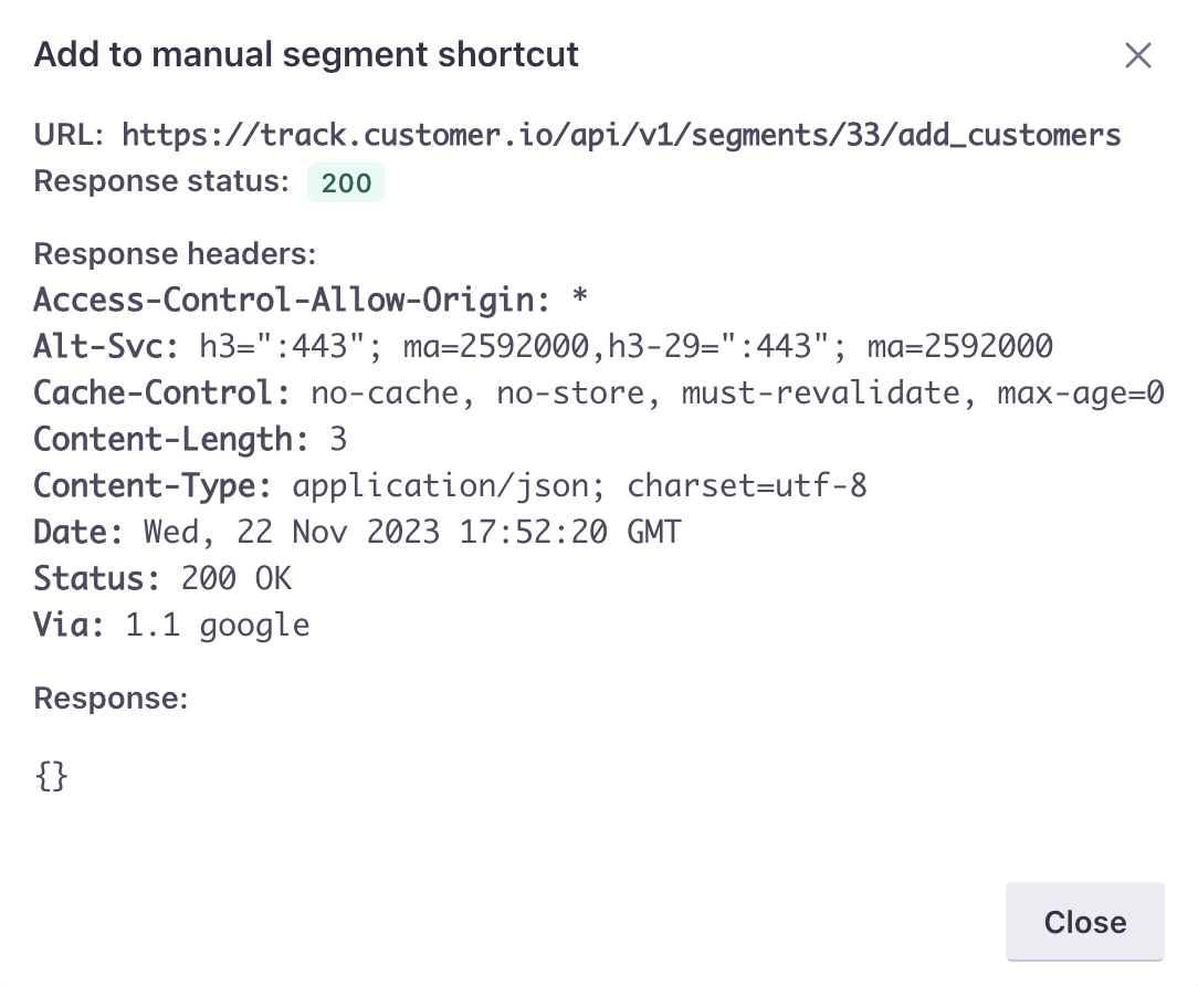 The modal shows a response status of 200.