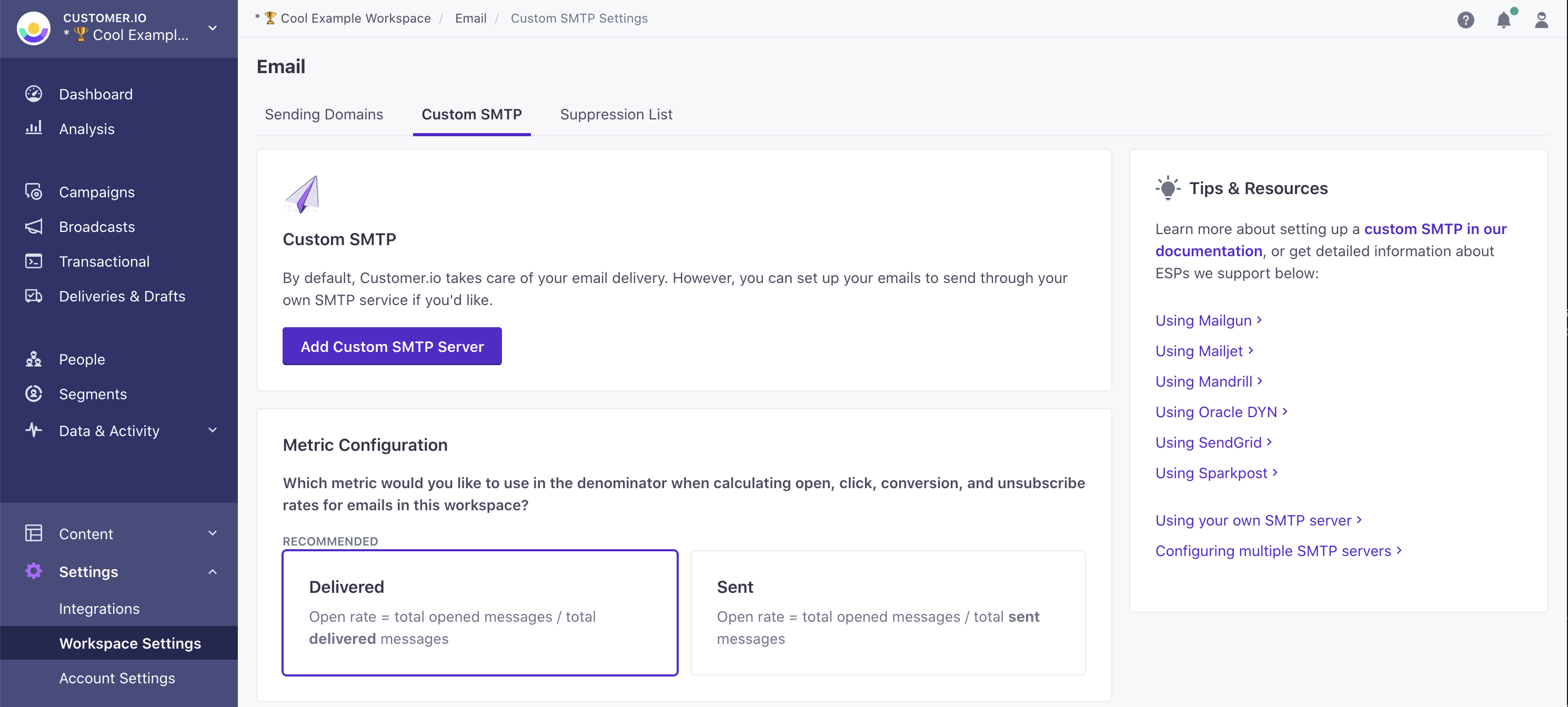 Custom SMTP settings page