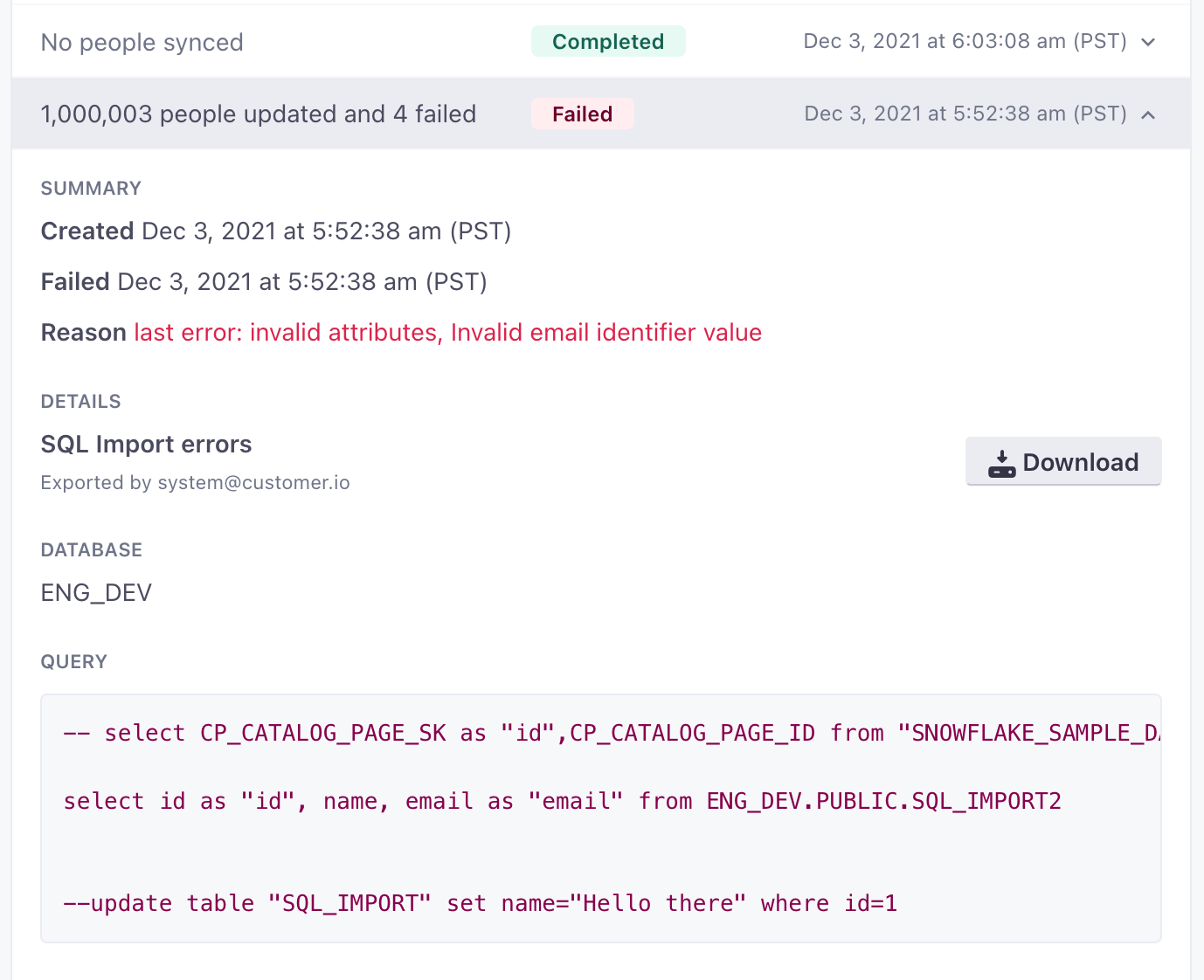 Show failures for a sync interval