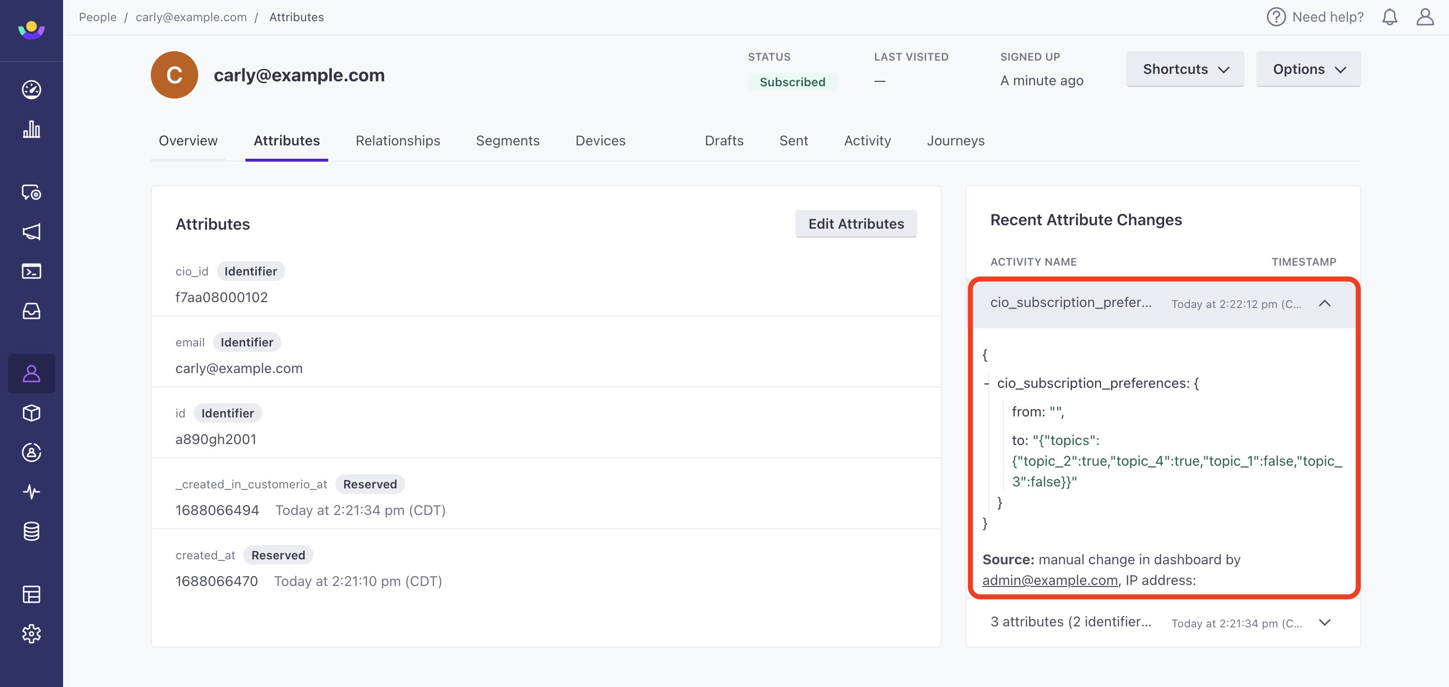 Within a person's profile, the Attributes tab is selected. On the right hand side under Recent Attribute Changes, you can see an item showing changes to cio_subscription_preferences.