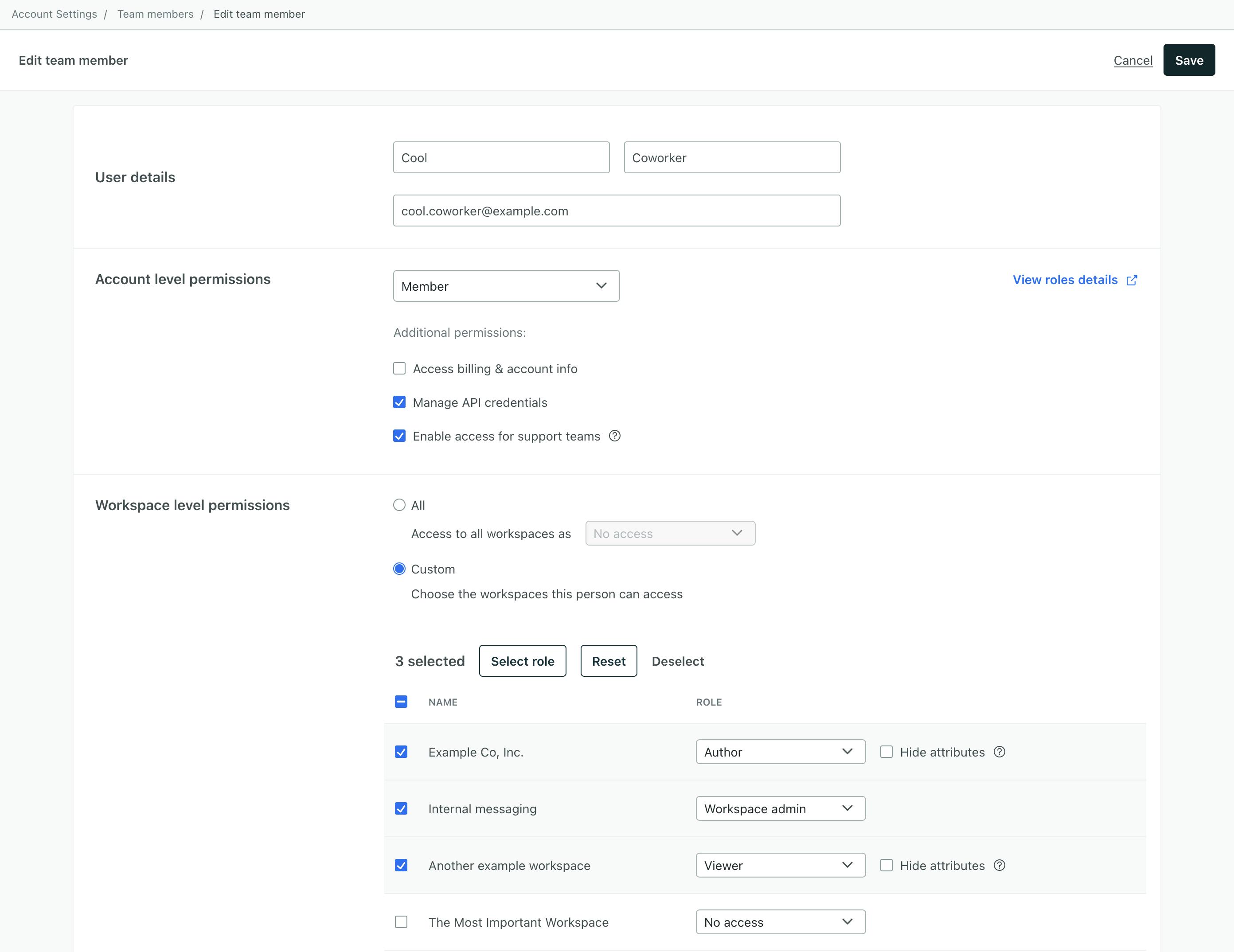 an example team member with workspace permissions for three of four workspaces