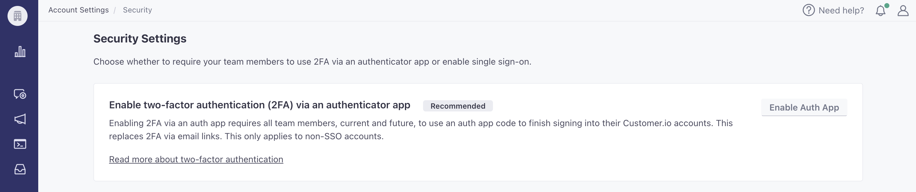 On the Security page, the first item reads: enable two-factor authentication (2FA) via an authenticator app. To the right is a button to enable this. It is disabled until an Account Admin starts to use it on their own account.