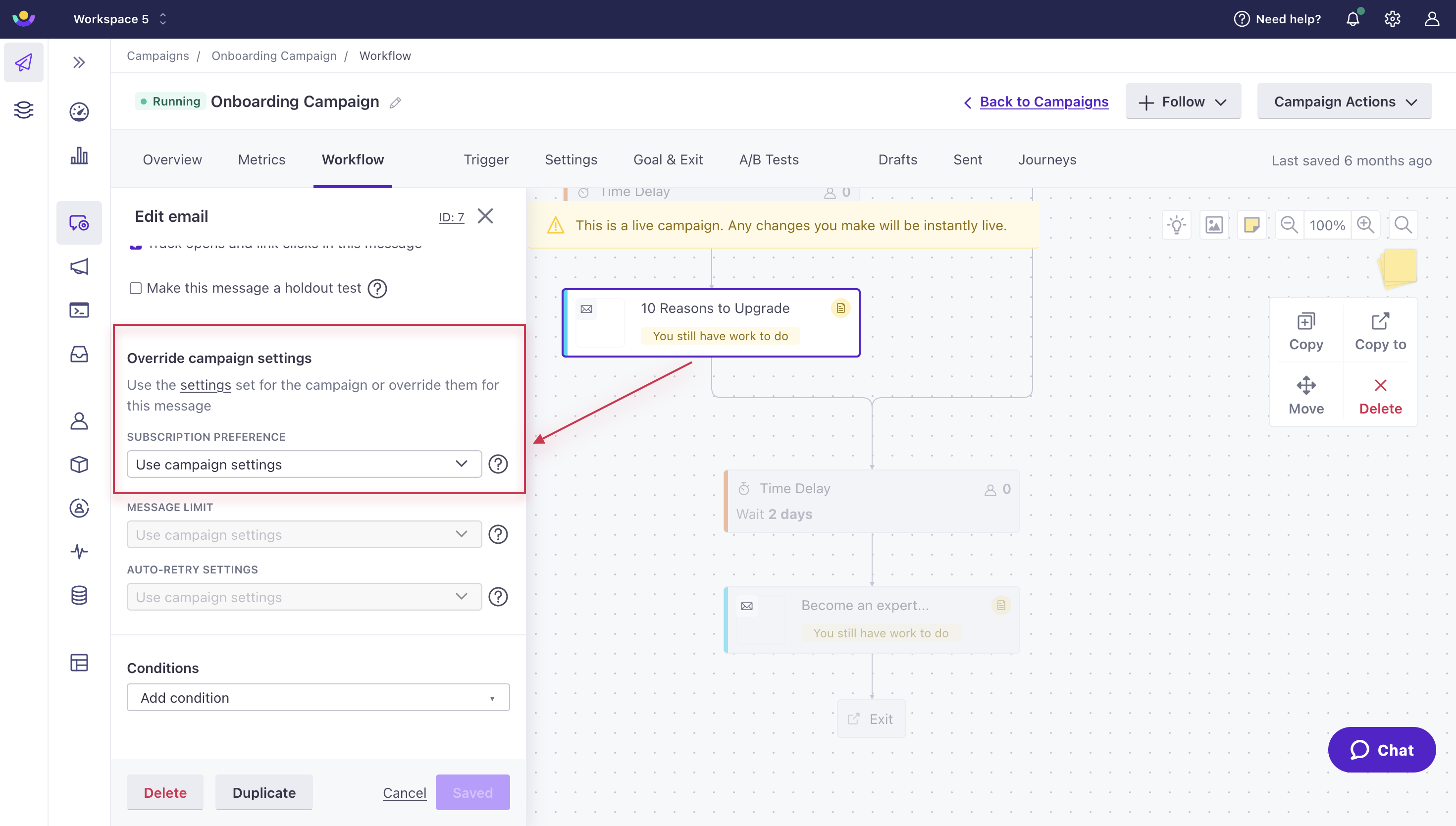 In a campaign, the tab Workflow is selected at the top. An email is selected on the canvas. On the left hand side, a panel appears. If you scroll down, you'll see the section called Override campaign settings. The first dropdown is called subscription preference. The option Use campaign settings is selected.