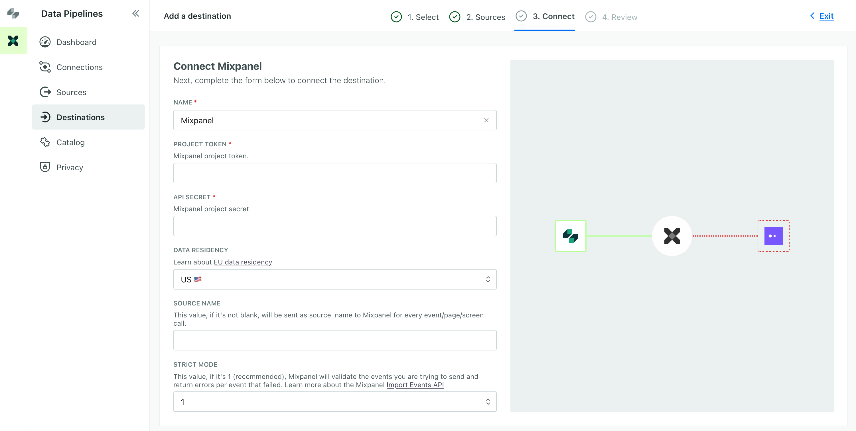 Settings for the destination you're sending NPS metrics to. In our example, we're using Mixpanel.